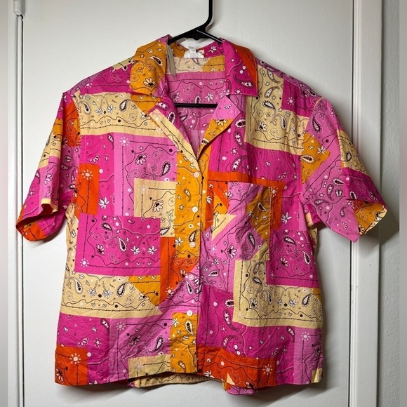 NWT Aerie Poplin Cotton Novelty Paisley Patchwork Button Front Pajama PJ Top XS - Picture 3 of 16